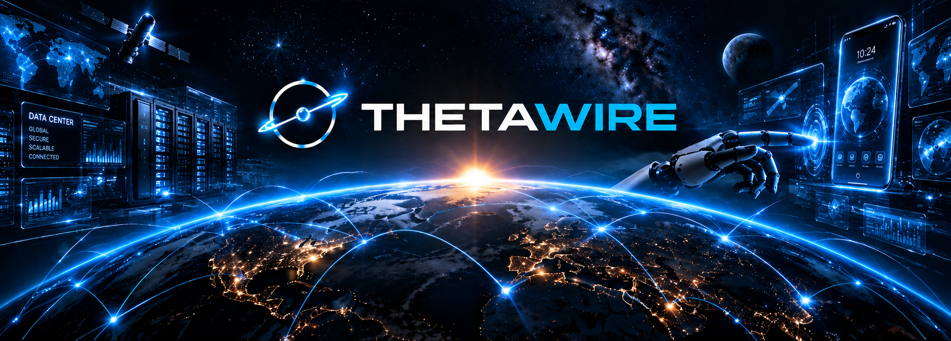 ThetaWire technology network with data center, mobile device and connected Earth